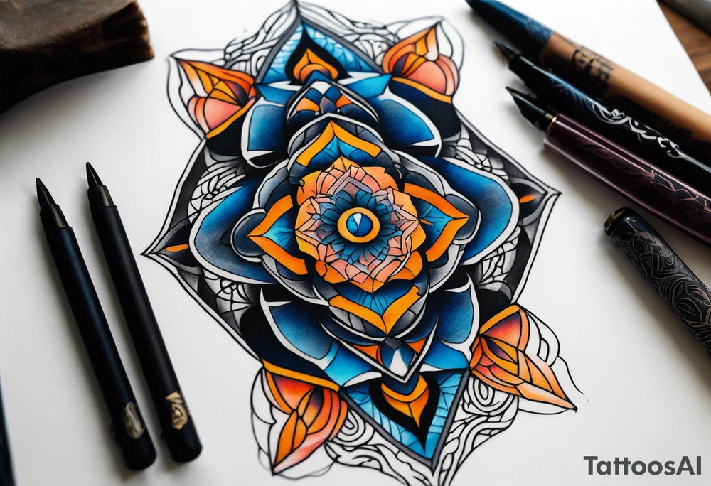 semi Detailed neo traditional knee tattoo flat on paper. The tattoo features geometric patterns and bold lines, creating a visually striking design with slight tints of deep fall colors. The a background 
behind the tattoo featuring deep blues washes and water swirls tattoo idea