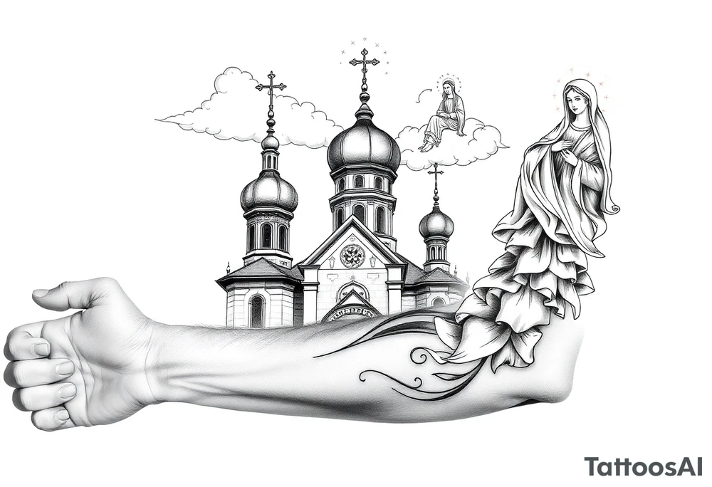 Russian Orthodox church with orthodox spire crosses, with clouds above it and a virgin mary seperately over looking sat above tattoo idea