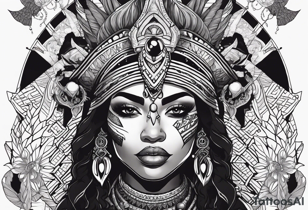 kali, valkrye, pirate, african goddess, , warrior, native american, lotus, zenza resonance, skulls, dragon, pachamama, left side face, chest, right wing, tattoo idea