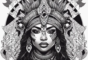 kali, valkrye, pirate, african goddess, , warrior, native american, lotus, zenza resonance, skulls, dragon, pachamama, left side face, chest, right wing, tattoo idea