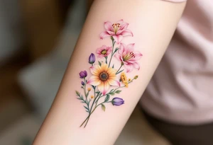 stargazer lillies in light pink with small yellow sunflowers and poppies and purple tulip buds in a dainty wildflower bouquet with stems tattoo idea