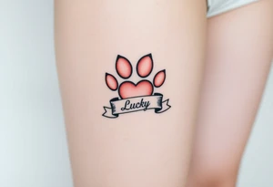 A paw print intertwined with a hearts and ribbon bearing a name Lucky, using a soft gradient of peach and rose gold tattoo idea