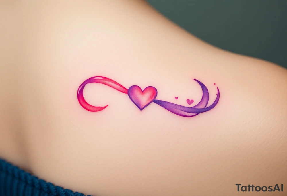 A soft watercolor infinity symbol blending pink and purple hues, with a tiny heart at the center, creating a dreamy effect tattoo idea