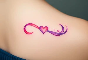 A soft watercolor infinity symbol blending pink and purple hues, with a tiny heart at the center, creating a dreamy effect tattoo idea