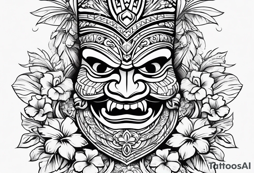Hawaiian tiki with flowers tattoo idea