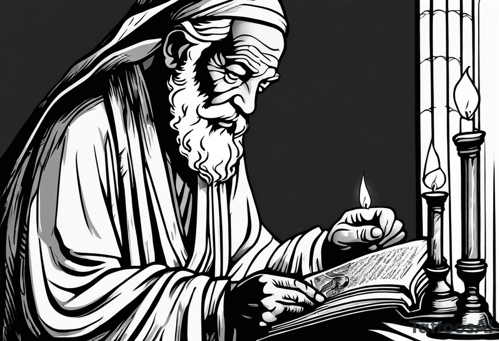 old man beggar reading a holy bible by candle light tattoo idea