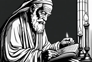 old man beggar reading a holy bible by candle light tattoo idea