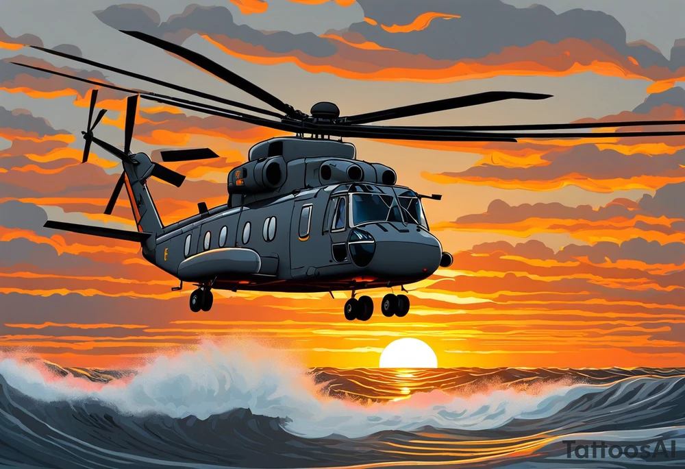 Canadian military grey CH-148 Cyclone helicopter soaring low over rough, ocean waves. The sun is setting, casting a dramatic glow on the scene with realistic clouds and a specular reflection of the helicopter on the water. The helicopter should be the main focus, with intricate details and a sense of motion. In the background, a poppy be prominently displayed tattoo idea