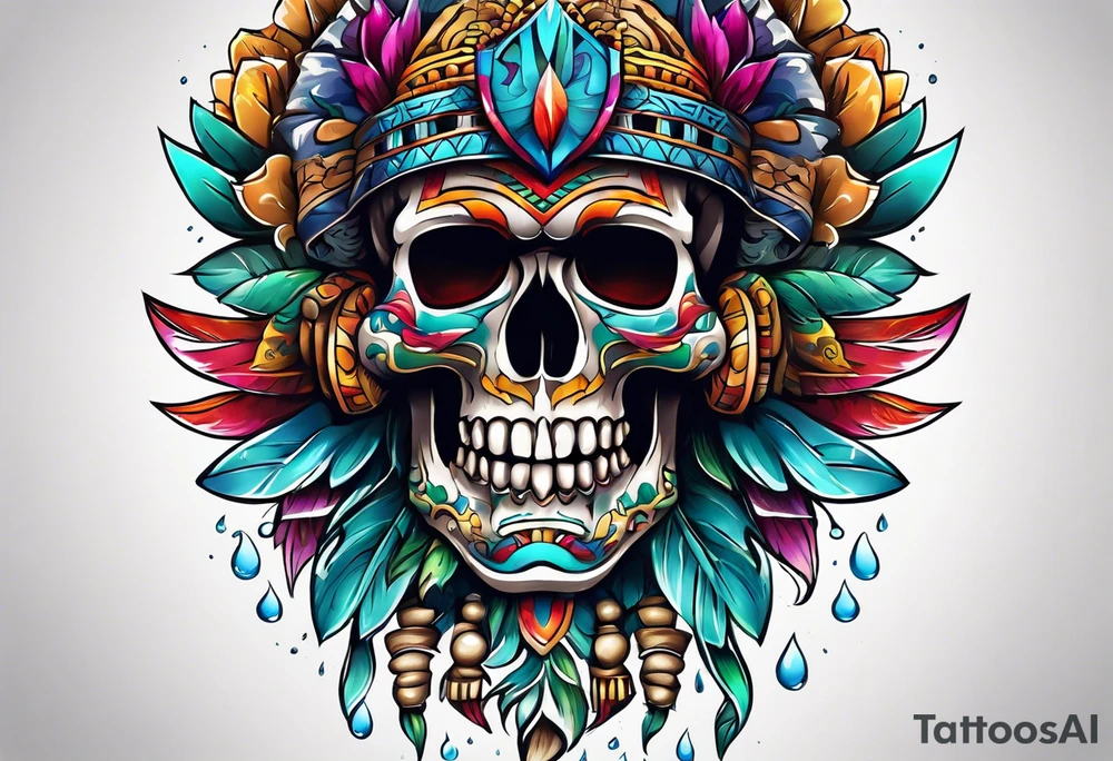 Colorful Mayan scull with water coming out of mouth tattoo idea