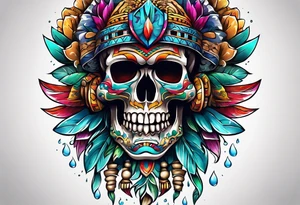 Colorful Mayan scull with water coming out of mouth tattoo idea
