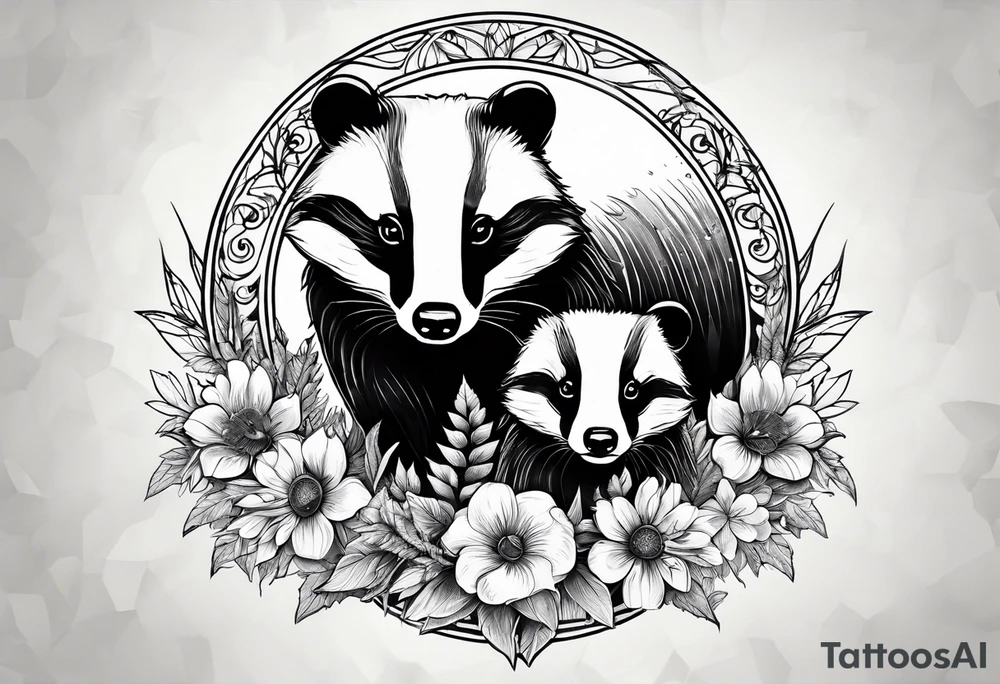 A badger with a cub in a field of flowers, including an open fireplace and a cannabis leaf realistic in center and getting more trippy towards the edges tattoo idea