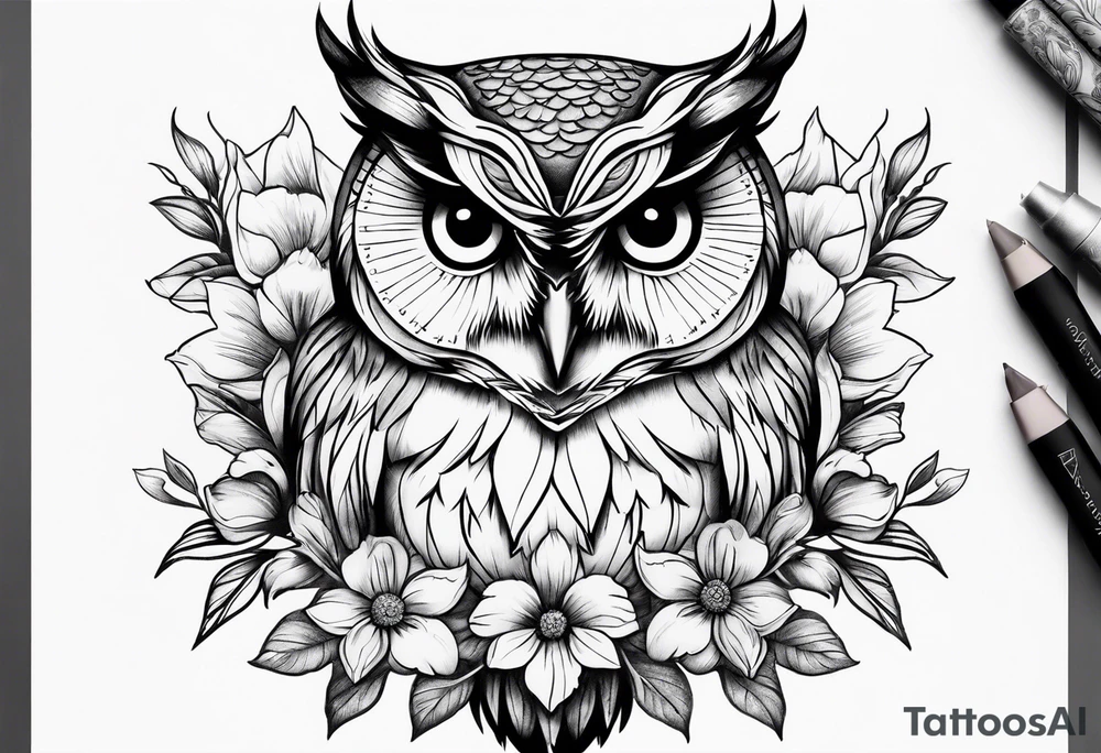female owl with flowers tattoo idea