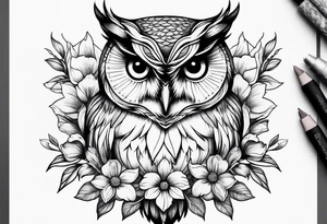 female owl with flowers tattoo idea