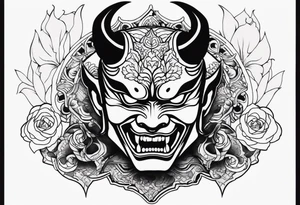 Um homem com a cabeça raspada usando uma máscara de hannya tattoo idea