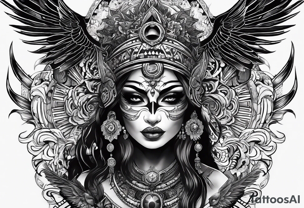 black kali, goddess pirate, alien, pachamama, valkrye, warrior, skull, lotus azul, wing, eagle, zenza resonance, stars, 5D, anahata chakra tattoo idea