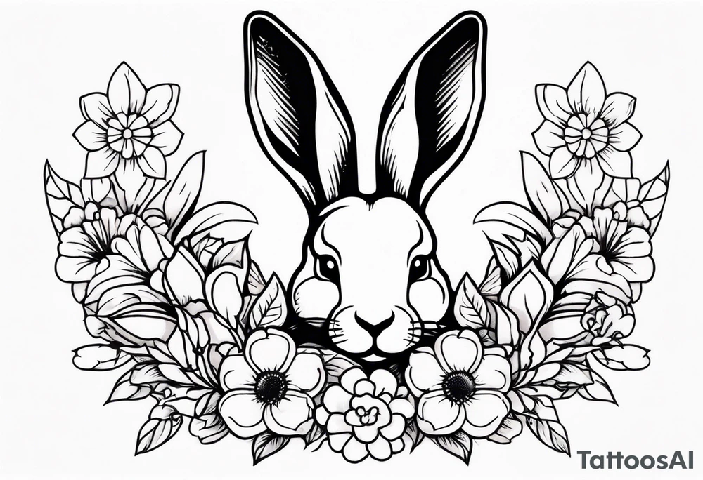 Rabbit head and flowers tattoo idea