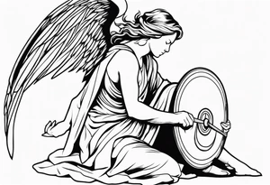 side view of crouched angel holding shield tattoo idea