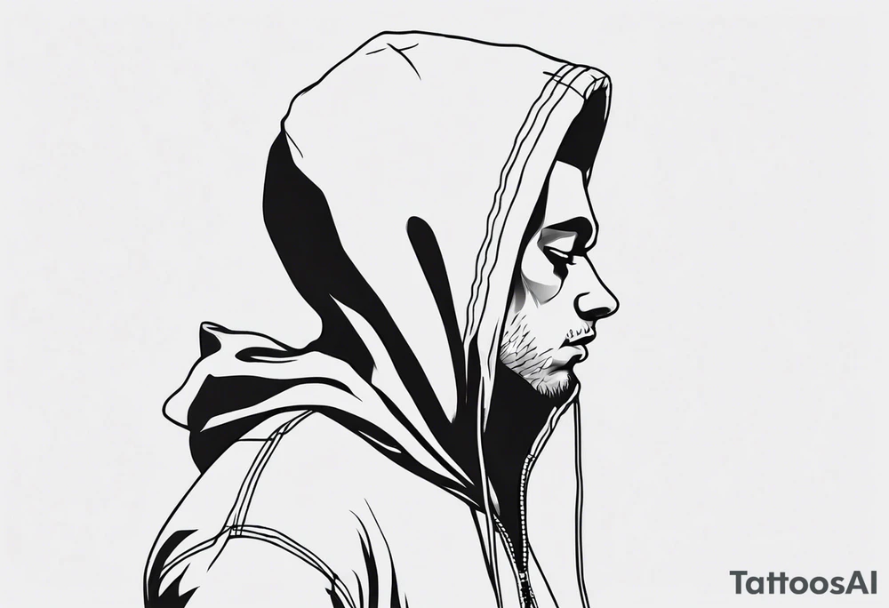 The full side view of a person in a hoodie, looking down. tattoo idea