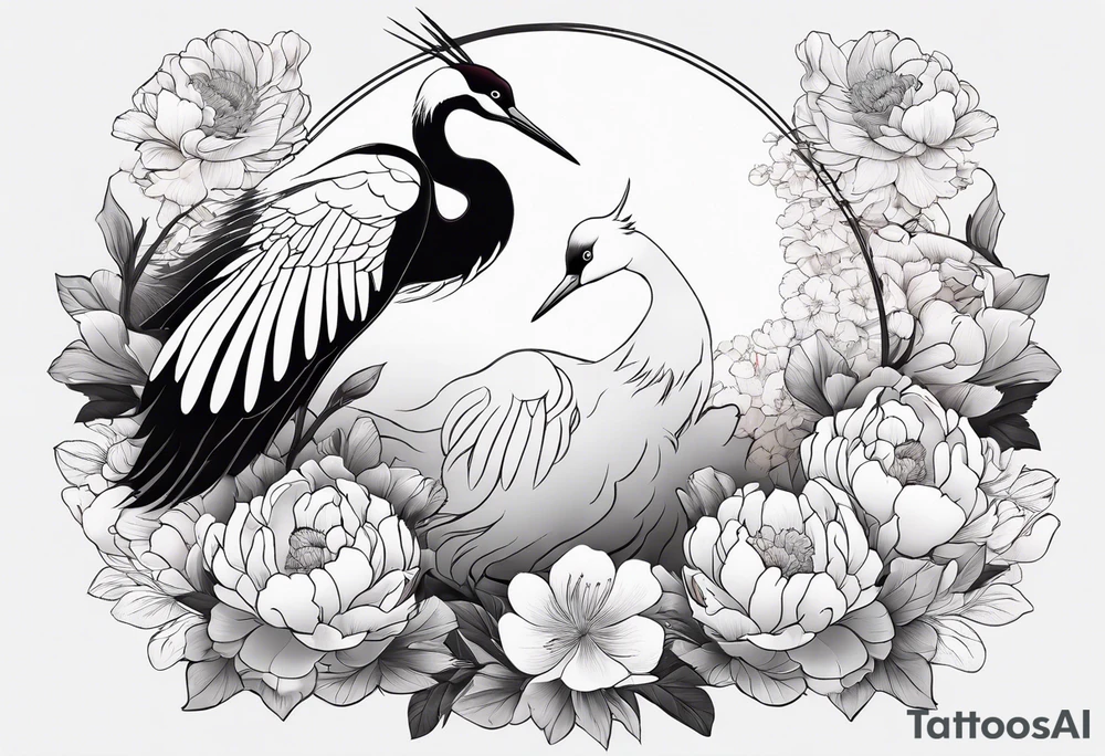 Japanese crane with peonies for arm sleeve tattoo tattoo idea