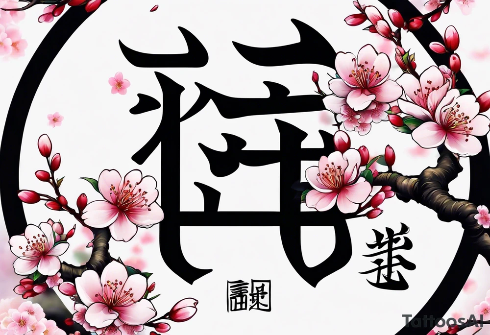 Kanji letter for shadow inside half circle with cherry blossoms tattoo idea