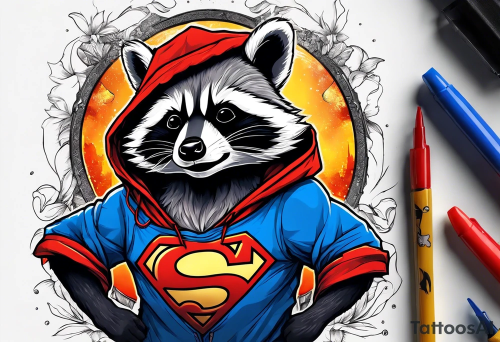 raccoon wearing a Superman hoodie tattoo idea