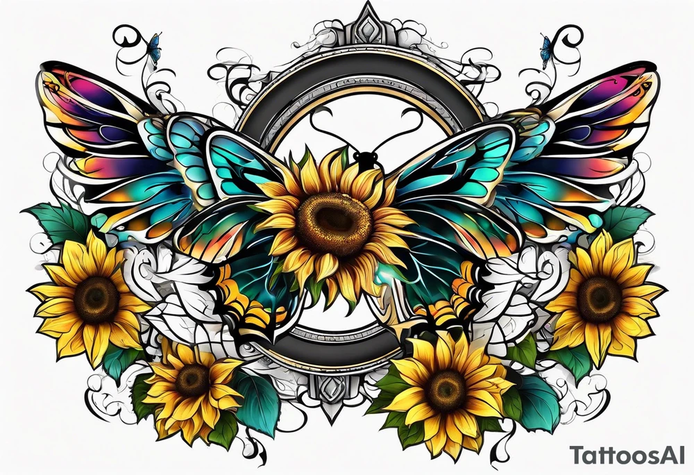 Winged cross with sunflower and butterflies tattoo idea
