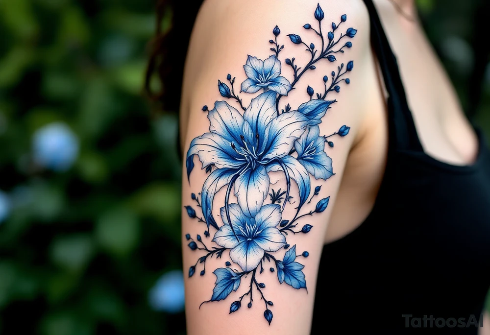blue spider lily from the anime demon slayer and Cherry Blossoms wrapped around the arm tattoo idea