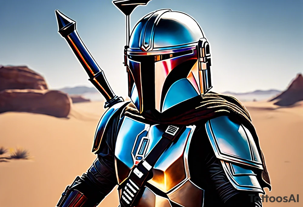 Grogu wearing black mandalorian armor,  with a lightsaber in the desert tattoo idea