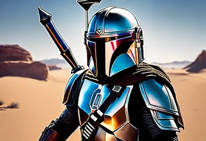 Grogu wearing black mandalorian armor,  with a lightsaber in the desert tattoo idea