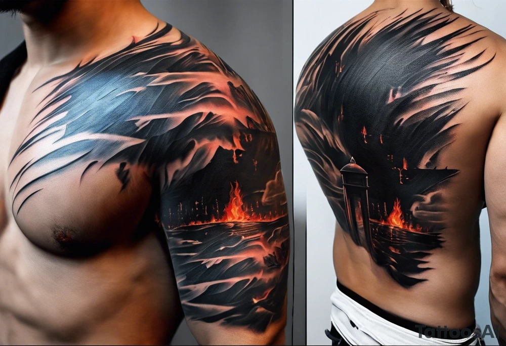 Certainly! Here’s a description for your back tattoo:

---

**Tattoo Description:**

Design: Black work, paint strokes.
Location: Back.
Concept: Dante's Inferno, representing the layers of hell.

**Design Details:**

1. **Vertical Lines:**
   - Two bold, vertical lines run parallel up the spine, symbolizing the journey through the depths of Dante's Inferno.

2. **Horizontal Lines:**
   - Nine horizontal lines intersect the vertical lines, each representing one of the nine circles of hell.
   - The lines descend down the back, each becoming progressively shorter and narrower to signify the decreasing levels of hell's circles.
   - The paint stroke style gives the lines a dynamic, brush-painted appearance, enhancing the dramatic and artistic effect.

3. **Overall Style:**
   - The black work technique ensures a striking contrast, with deep black ink emphasizing the severity and depth of the concept.
   - The paint stroke style adds an element of fluidity and movement, symbolizing the chaotic and tortured nature of hell as depicted in Dante’s Inferno.

---

This description provides a clear and detailed vision for your tattoo artist to work from, capturing the essence and symbolism of Dante’s Inferno in a powerful and visually striking way. tattoo idea