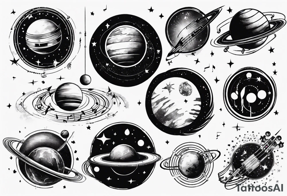 Music spinning around a planet in space tattoo idea