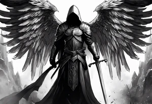 Micheal the arc angel standing holding a sword in front of his self wearing a cloak laying in a way you can see his battle torn armor and visibly beaten wings with a hood that just covers his eyes tattoo idea