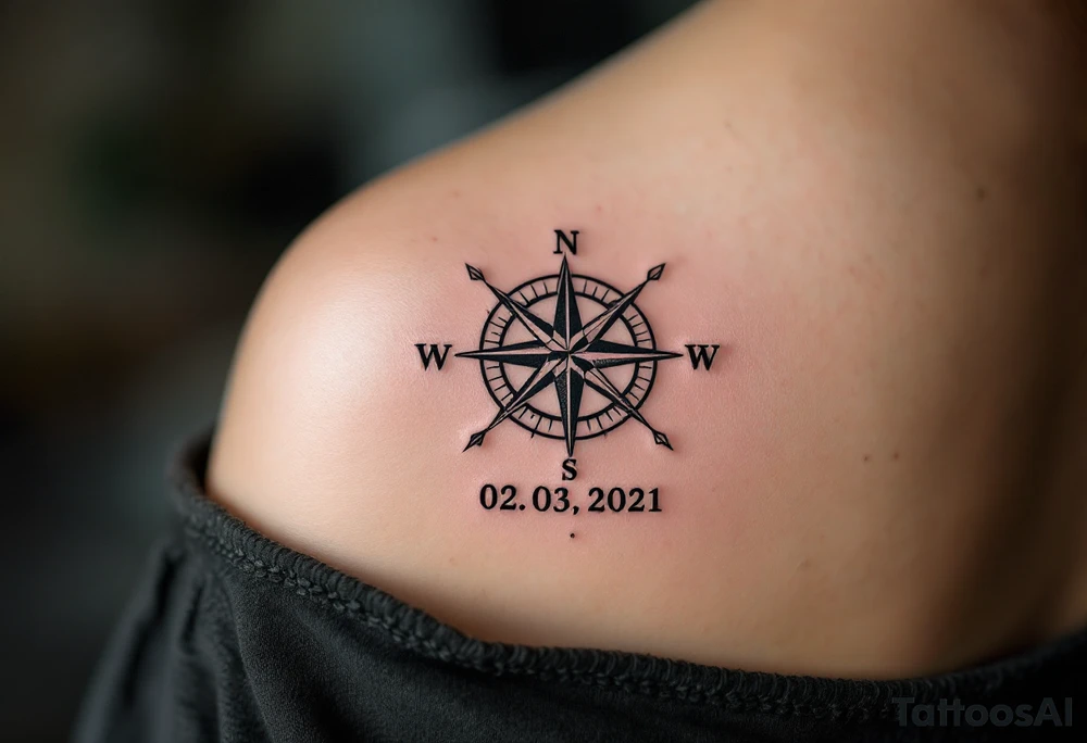 Jakub name and date 02. 03. 2021 – A classic blue and gray compass with Jack's birthdate etched in bold, modern font at the center. tattoo idea