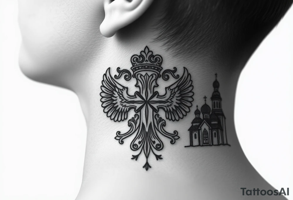 russian coat arms in a russian christian orthodox cross with the cross in the middle with a virgin mary & orthodox dome church on the side of the neck tattoo idea