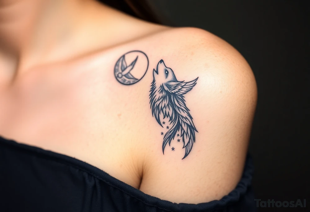 Wolf howling moon stars dove tattoo idea