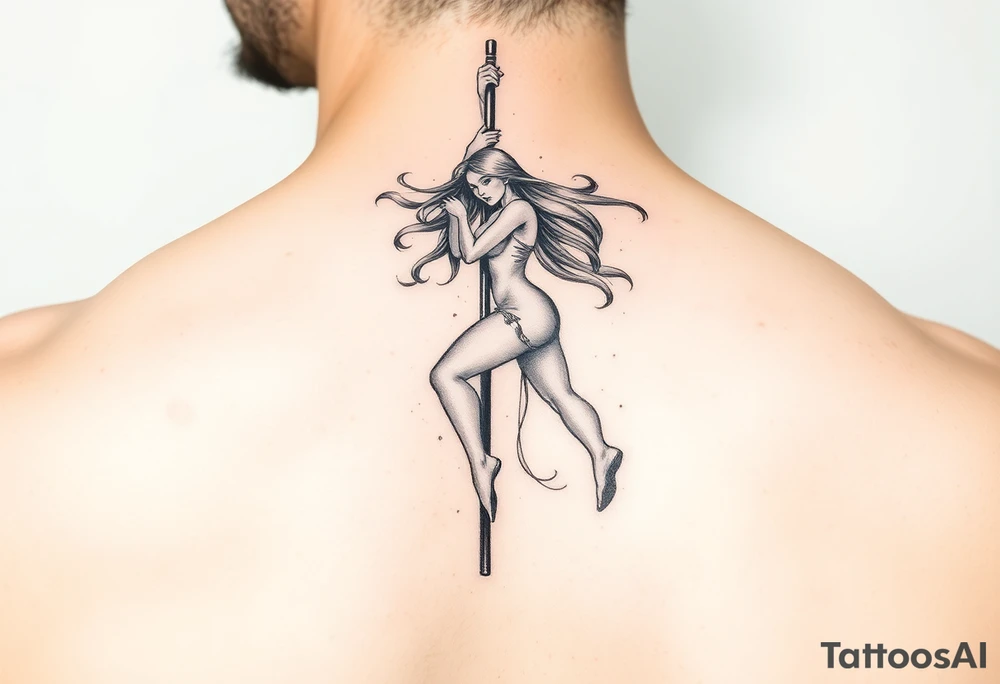 soft watercolor depiction a beautiful woman pole dancing with long flowing hair tattoo idea