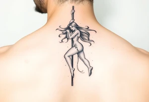 soft watercolor depiction a beautiful woman pole dancing with long flowing hair tattoo idea