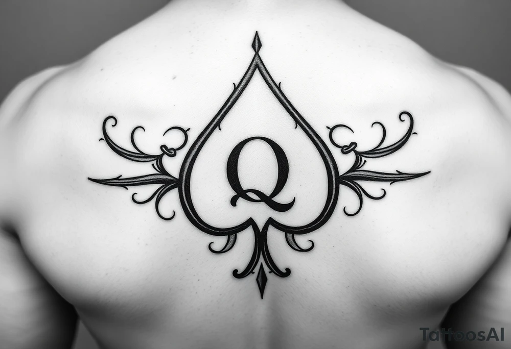 A spade womb tattoo with a Q in the center, with three points around the outside. The first reading, "BLACK". The second reading, "BABY". The third reading, "ONLY". tattoo idea