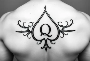 A spade womb tattoo with a Q in the center, with three points around the outside. The first reading, "BLACK". The second reading, "BABY". The third reading, "ONLY". tattoo idea