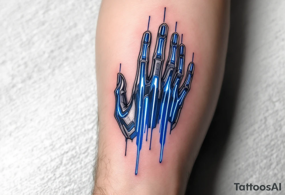A futuristic chrome hand design with sapphire-blue energy lines tracing each finger like circuits. tattoo idea