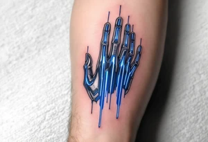A futuristic chrome hand design with sapphire-blue energy lines tracing each finger like circuits. tattoo idea