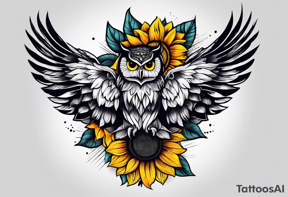 Arm sleeve with colorful sunflowers and an owl tattoo idea