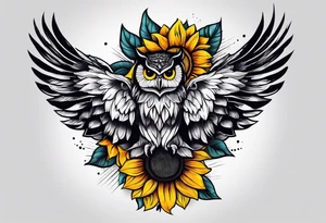 Arm sleeve with colorful sunflowers and an owl tattoo idea