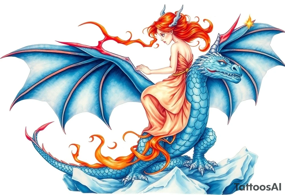 Redheaded girl riding a blue fire breathing dragon with wings spread and flying over ice tattoo idea