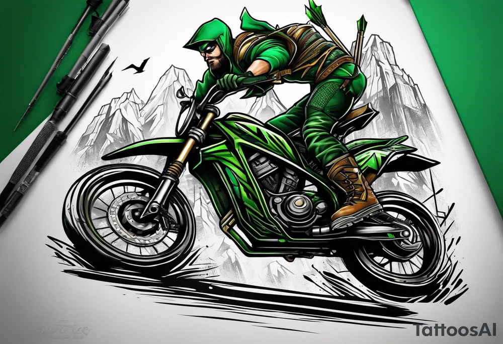 Green arrow character riding a Santa Cruz blur full suspension mountain bike tattoo idea
