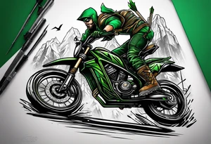 Green arrow character riding a Santa Cruz blur full suspension mountain bike tattoo idea