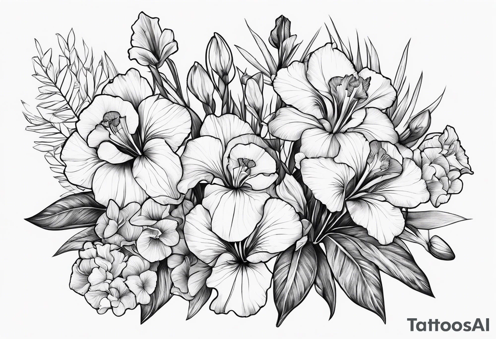 bouquet of biolet, primrose, and iris flowers tattoo idea