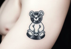 minimalist teddy bear with vinyl records as eyes smiling and sitting on a record tattoo idea