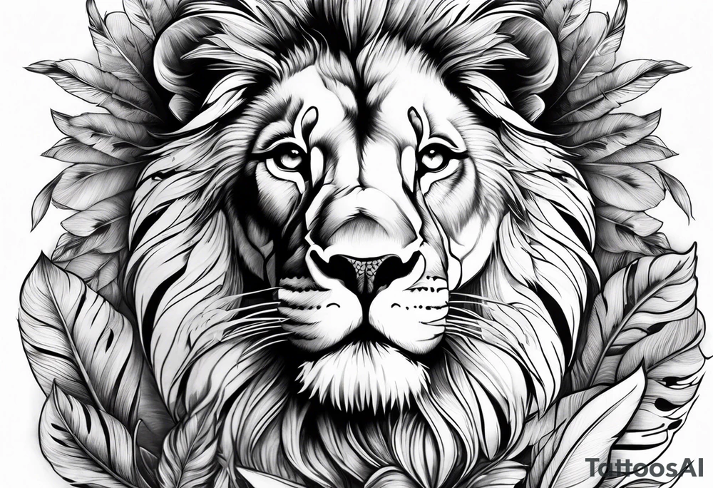 elegant lion with feathers floral tattoo idea