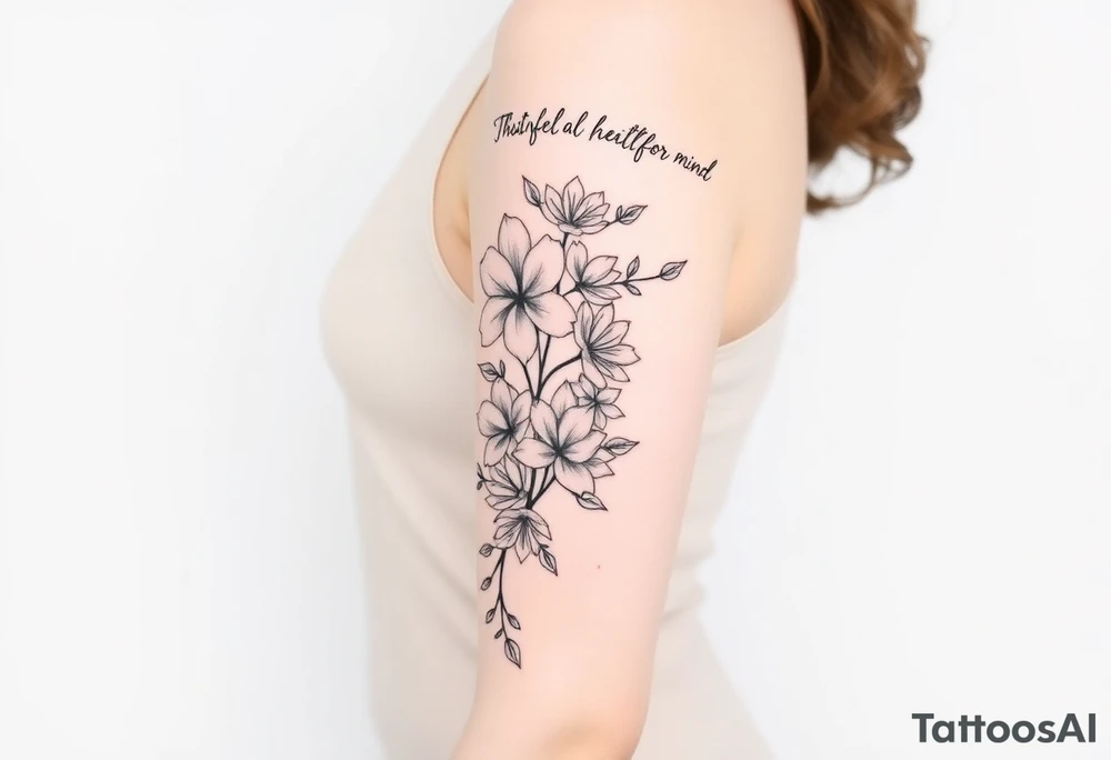 🌿 Right Arm Sleeve
	•	Top shoulder: “Soft but strong, kind but powerful.”
→ Wrapped with light olive vines
	•	Mid-arm: Peonies, lilies, tulips (your favorites)
→ Optional red ink in petal accents
	•	Lower arm/wrist: Vine wrap
→ Script: “Trust God”
	•	Style: Light, flowing, fine-line — NOT bold or filled-in

⸻

🌸 Spine Tattoo & Flow
	•	Already present floral spine tattoo
	•	New elements will connect from your sleeve, flow down from the right shoulder, lightly wrapping into your back
	•	Inspired by the reference with floral script diagonally across the spine
	•	Optional soft red ink details to enhance movement

⸻

🍑 Left Thigh + Butt
	•	Quote: “A garden of her own”
→ Placed on side of butt, flowing from lower back
	•	Floral extension down the thigh — tulips/peonies
	•	Minimal, romantic, fine-line tattoo idea